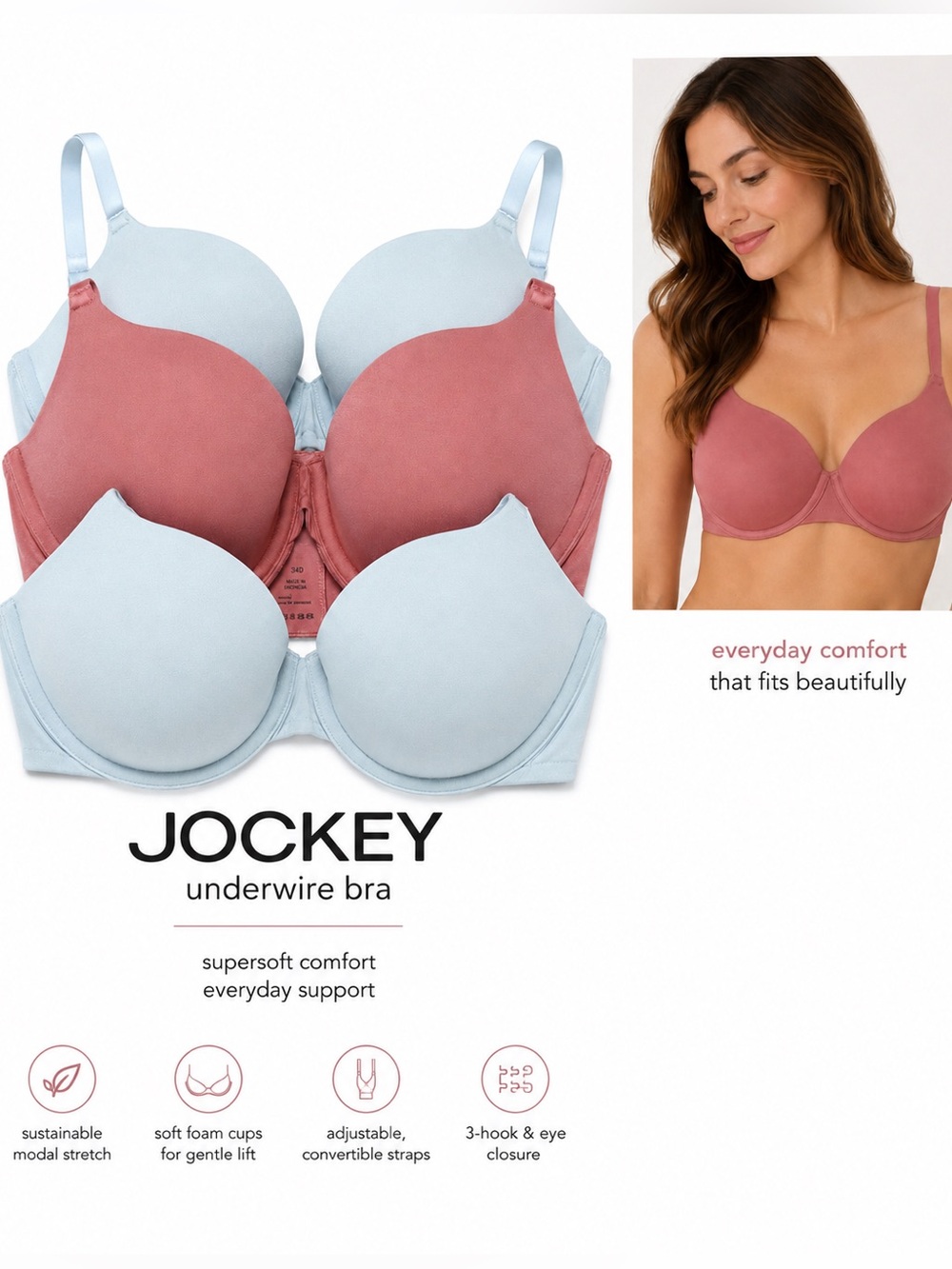 JOCKEY T-Shirt Underwire Bras | Set of 3 | Size 34D | Pink & Blue - NWT